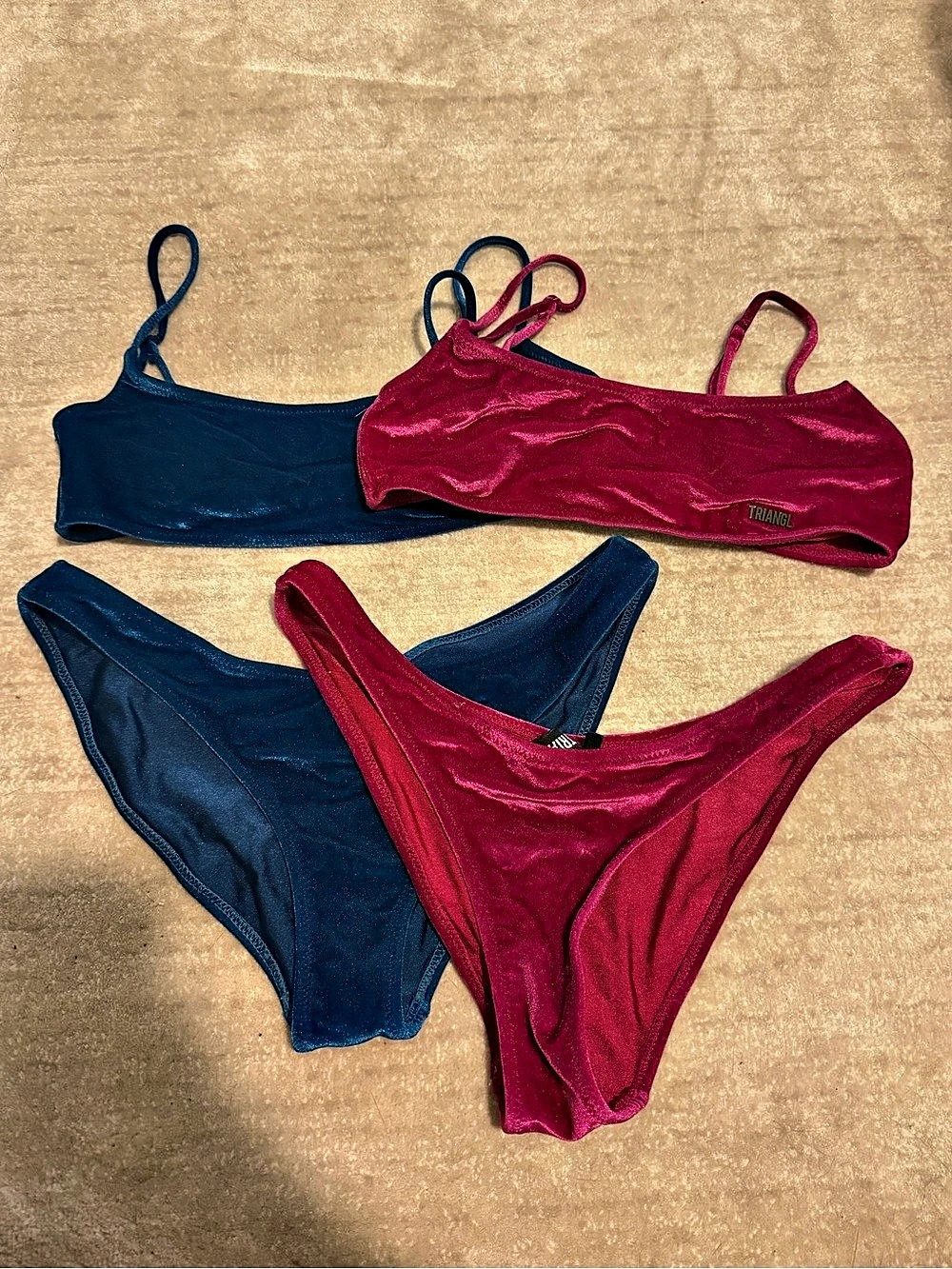Triangl Bikini Velvet Sets in Pink & Blue - Small Bottoms, XS Tops